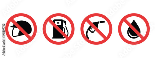 No Helmet, No Petrol Pump, No Fuel Prohibition Icon Vector Set, Red Ban Sign Illustrations Representing Safety Restrictions, Hazard Warning, And Safety Compliance