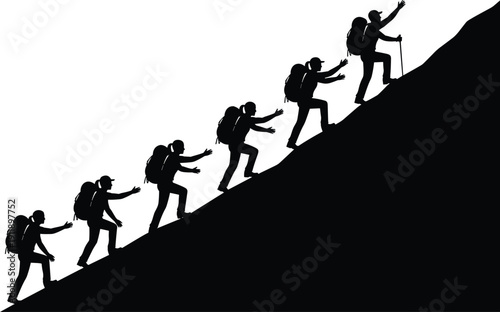 Black Silhouette of Group of People Hiking Up Steep Mountain Hillside Representing Teamwork Success Achievement Outdoor Adventure and Perseverance for Travel and Business Concepts