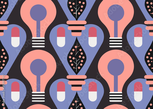 Seamless pattern of stylized light bulbs and medical capsules representing healthcare innovation