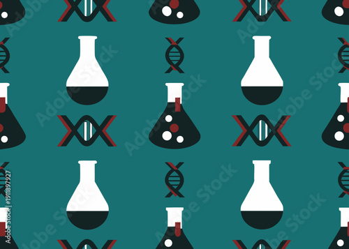 Seamless pattern of science laboratory equipment including flasks beakers and dna strands