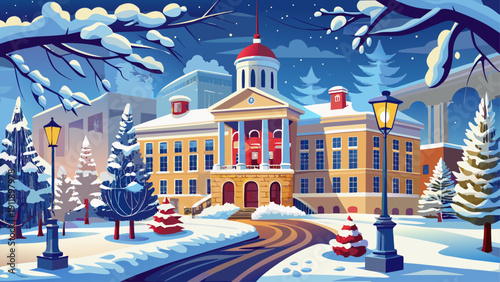 Very beautiful winter view of Bascom Hall at University of Wisconsin–Madison, with gentle snowfall, historic architecture, quiet campus pathways, and a serene academic atmosphere.