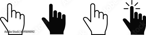 Hand Cursor and Mouse Clicking Icon Set for Website Interface Digital Navigation Computer Pointer and Interactive Online User Experience Graphics, cad drawing flat vector illustration