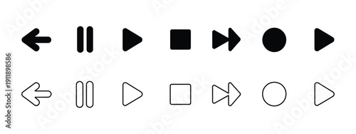 Media Player Control Icons Vector, Play, Pause, Stop, Record, Rewind, And Forward Symbols Representing Video, Audio Playback, And User Interface Navigation Pictograms.