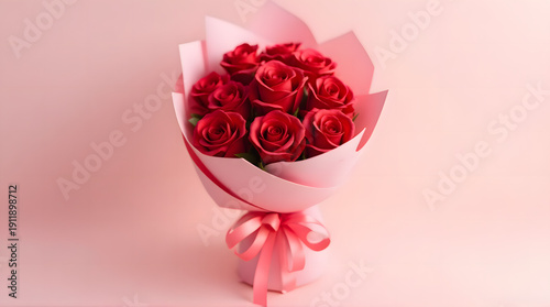 Elegant Bouquet of Red Roses in Pink Paper Wrap with Ribbon on Soft Pink Background