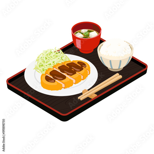 Isometric tonkatsu set meal on black tray - flat vector illustration, Japanese food icon