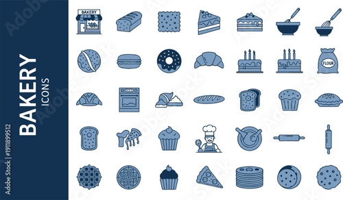 Comprehensive bakery and pastry icon set featuring bread loaves croissants cakes donuts muffins chef tools and fresh baked goods