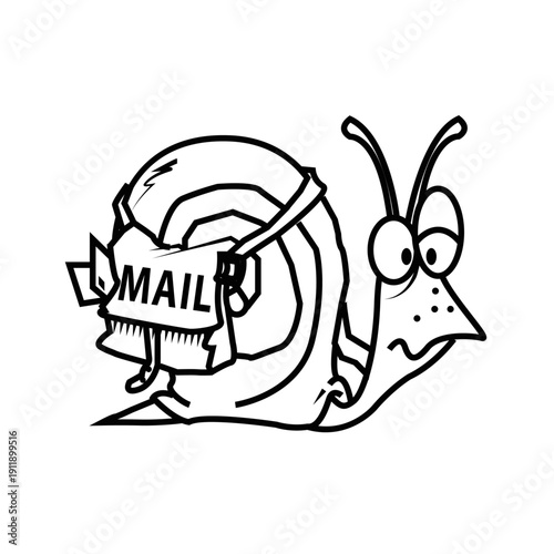 Cartoon snail carrying mailbag with a surprised expression  