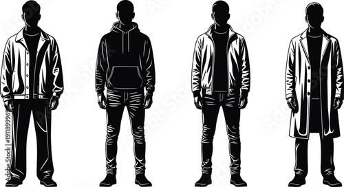 Black Silhouette Set of Men Wearing Casual and Formal Outerwear Including Denim Jacket Hoodie Bomber Jacket and Long Trench Coat for Male Fashion Apparel Design