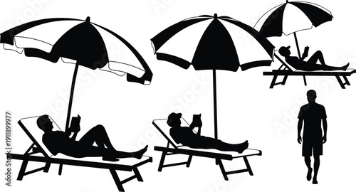 Black Silhouette Set of People Relaxing on Beach Lounge Chairs Under Sun Umbrellas Reading Books and Walking for Summer Vacation Travel and Leisure Concept