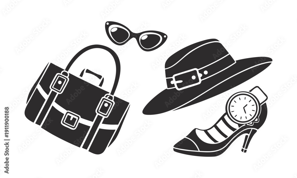 Naklejka premium Womens fashion accessory silhouette icon collection for boutique and online shop vector illustration, easily editable.