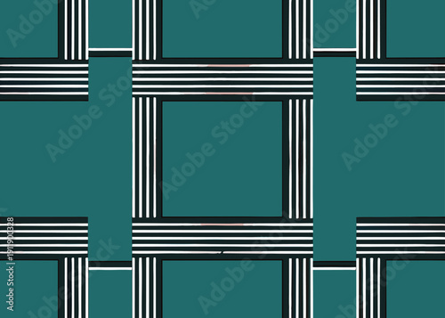 Abstract teal background featuring a geometric grid of horizontal and vertical striped lines.