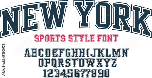 New York Sports Style Vector Font Set Featuring Navy Blue Arched Collegiate Alphabet and Numbers with Outlines for Athletic Team Branding and Apparel Design