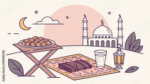 Harmony of Faith: A serene illustration portraying the essence of a tranquil moment, with a mosque in the backdrop, accompanied by a plate of dates, a glass, a lantern, and a prayer mat.