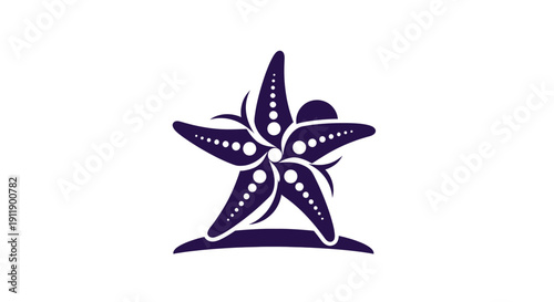 Stylized purple starfish icon with white dots and a curved base on a white background.