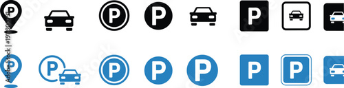 Parking icon collection, car symbol design, letter P signage, parking location vector, map pin artwork, transport motif, flat illustration, CAD drawing, urban navigation