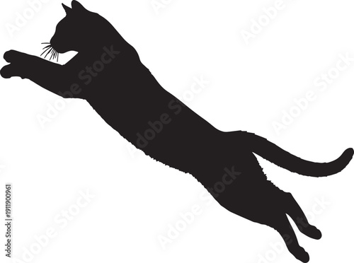 Black cat silhouette jumping left with whiskers visible also transparent background white background
