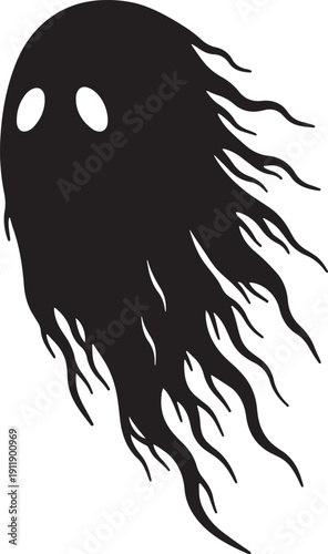 Black ghostly figure with long hair and two white eyes also transparent background