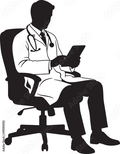 Black silhouette of doctor in white coat sitting on office chair with stethoscope and holding tablet also transparent background
