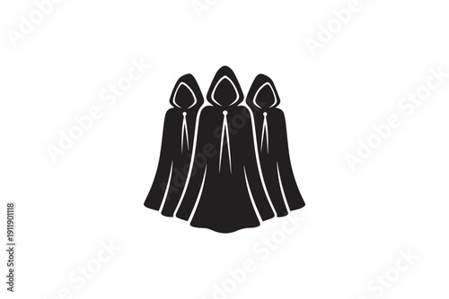 Three individuals in hooded cloaks standing close together, creating an aura of secrecy and the unknown