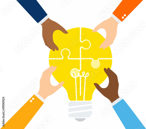 Diverse hands in a vector illustration collaborate to assemble a yellow puzzle light bulb, symbolizing teamwork and shared ideas, isolated on a transparent background.