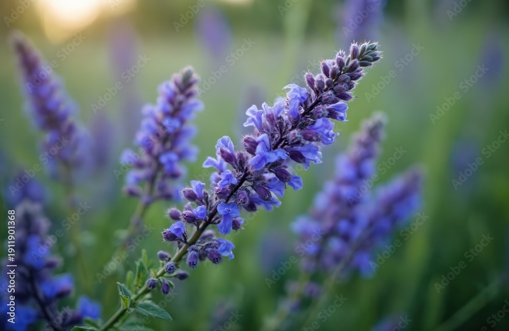 Obraz premium Close-up macro view of blue wild vetch flowers with green leaves in soft sunlight. Beautiful natural flora blooms in a meadow during daytime outdoors.