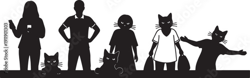 Black silhouettes of people and cats standing on a surface also transparent background