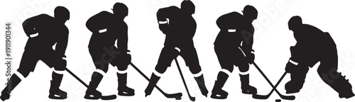 Five black silhouettes of ice hockey players in various poses with sticks and puck on white background also transparent background