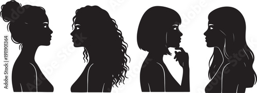 Four black silhouettes of women with different hairstyles also transparent background white background 1