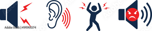 Professional vector icon set for noise sensitivity hearing loss and ear protection featuring loud sound waves and sensory overload symbols for health