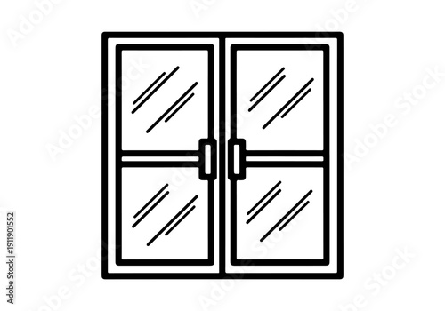 Black and white illustration of a double door with glass panes and handles
