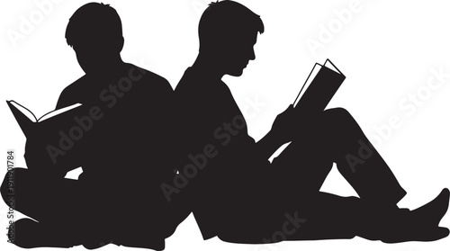 Two boys sitting back to back reading books in black silhouette on white background also transparent background