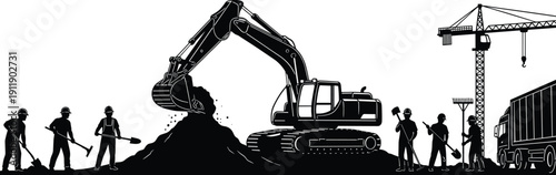 Construction site silhouette featuring excavator, crane, workers and dump truck isolated on light background, heavy equipment vector scene representing building industry, engineering