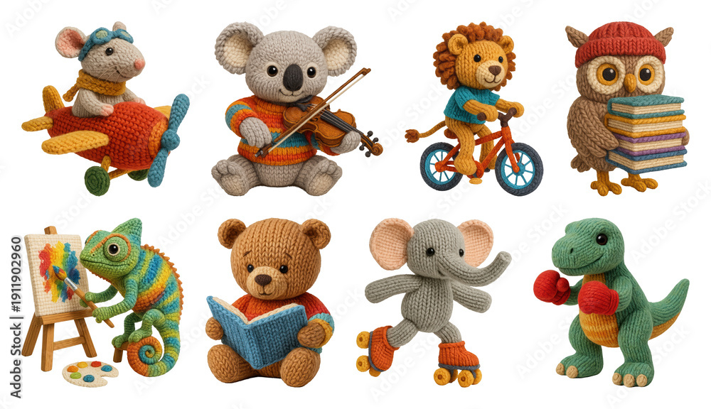 Obraz premium PNG Colorful knitted animal toys collection, transparent background