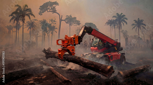 Wallpaper Mural Red industrial telehandler with hydraulic grapple claw lifting fallen tree log in smoky tropical jungle during deforestation amidst thick haze of fire smoke and palm trees in destroyed rainforest Torontodigital.ca
