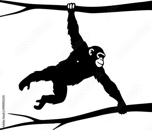 Black Silhouette of Chimpanzee Swinging on Tree Branches