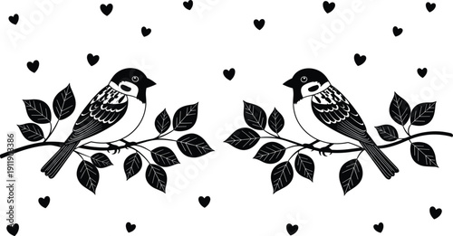 WebBlack Silhouette Set of Two Small Birds Perched on Leafy Branches Surrounded by Floating Heart Icons for Valentines Day Romance and Wedding Stationery Design