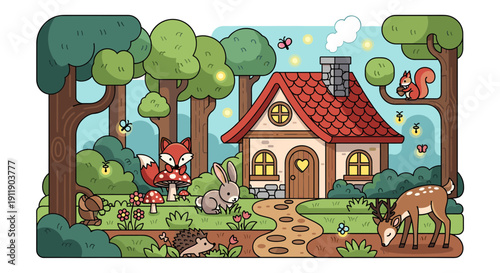 Whimsical forest illustration with a cozy fairytale cottage, surrounded by delightful woodland animals like a fox, rabbit, deer, and squirrel, depicting a serene habitat