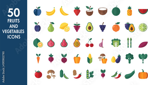 Large vector set of fifty flat icons featuring fresh fruits and vegetables for healthy eating and organic nutrition