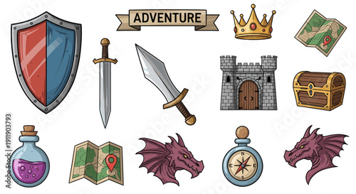 Collection of Colorful Cartoon Medieval Fantasy Adventure Game Elements Vector Illustration Set for Role-Playing Games, Storytelling, and UI Design Assets on White Background