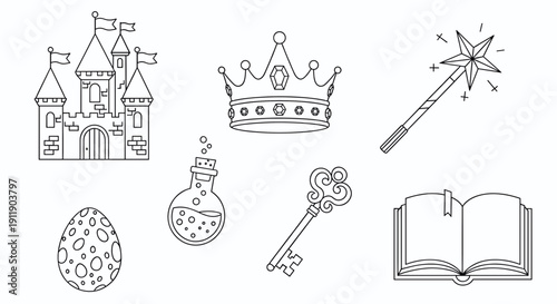Whimsical black and white line art set of magical fantasy and fairy tale elements. Ideal for storybook illustrations and creative kids' designs
