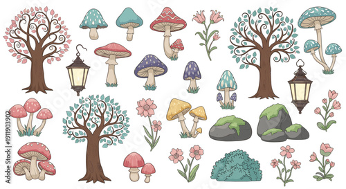 Enchanting whimsical forest elements including trees, mushrooms, flowers, and lanterns for magical designs