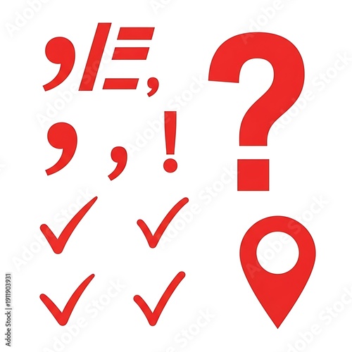 Red punctuation marks and symbols arranged on a white background.