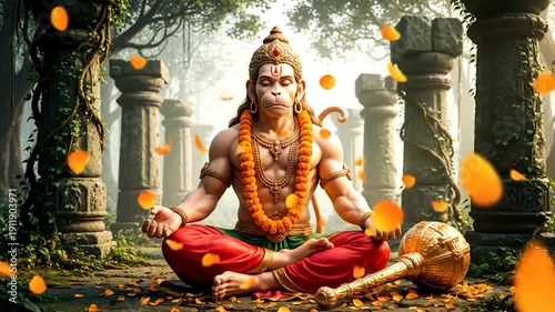A meditating primate deity, surrounded by falling petals, ancient pillars, and a golden mace
