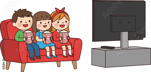 Cartoon Illustration of Three Cute Young Children Sitting on a Red Sofa Eating Popcorn and Watching a Movie on Television for Family Home Entertainment