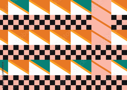 Horizontal bands of orange triangles and black checkerboards on peach are interrupted by a vertical column of diagonal orange stripes on the right.