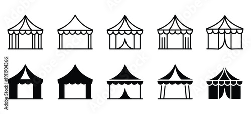 Camping And Event Tent Vector Illustration Set, Minimalist Line Icons For Outdoor Market, Festival, And Temporary Shelter Design On White Background.