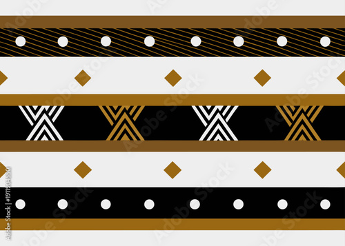 Geometric ethnic seamless pattern border with stripes and tribal motifs in black, gold, and white