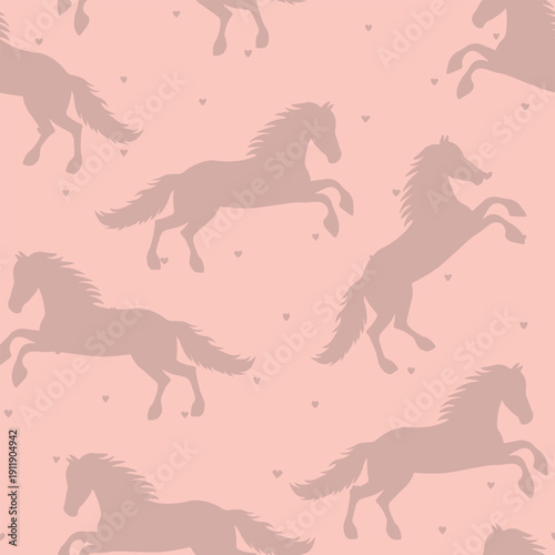 Animal seamless pattern with cartoon horses on color background. Cute holiday illustration with horse. Design for invitation, poster, card, fabric, textile, wrapper.