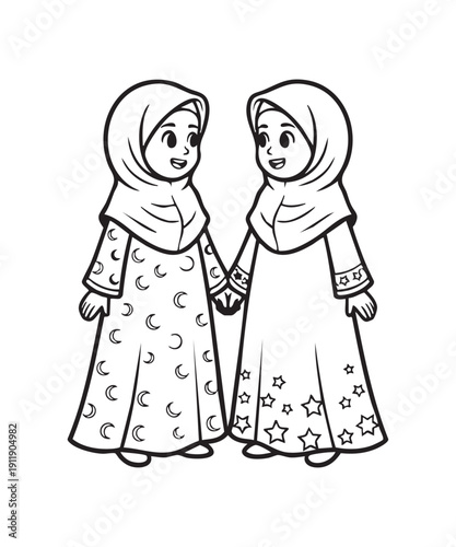 Two Happy Muslim Girls Wearing Moon and Star Patterned Hijab Outfits Holding Hands Friendship Line Art