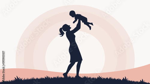 Silhouette of mother lifting baby in air with sunset rainbow background happy family moment